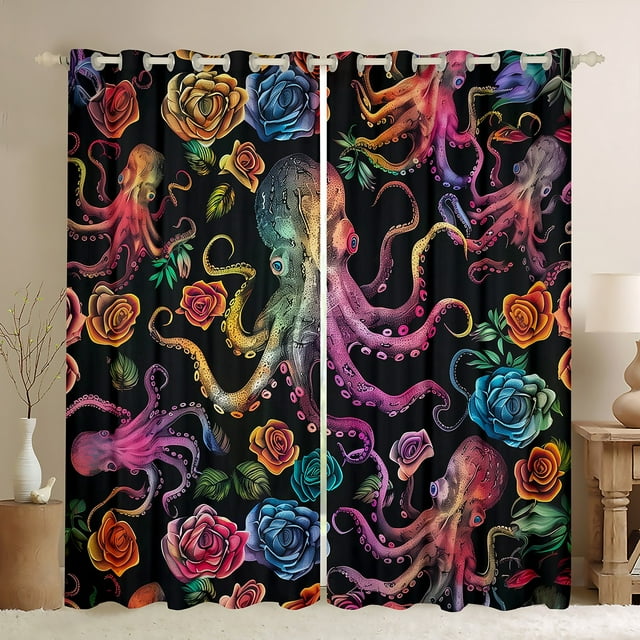 Rideaux Pieuvre pour Salon, Rideaux Tentacules Arc-en-Ciel Rideaux Occultants Fleurs Roses Aquarelle 2 Panneaux 42"Lx84"H