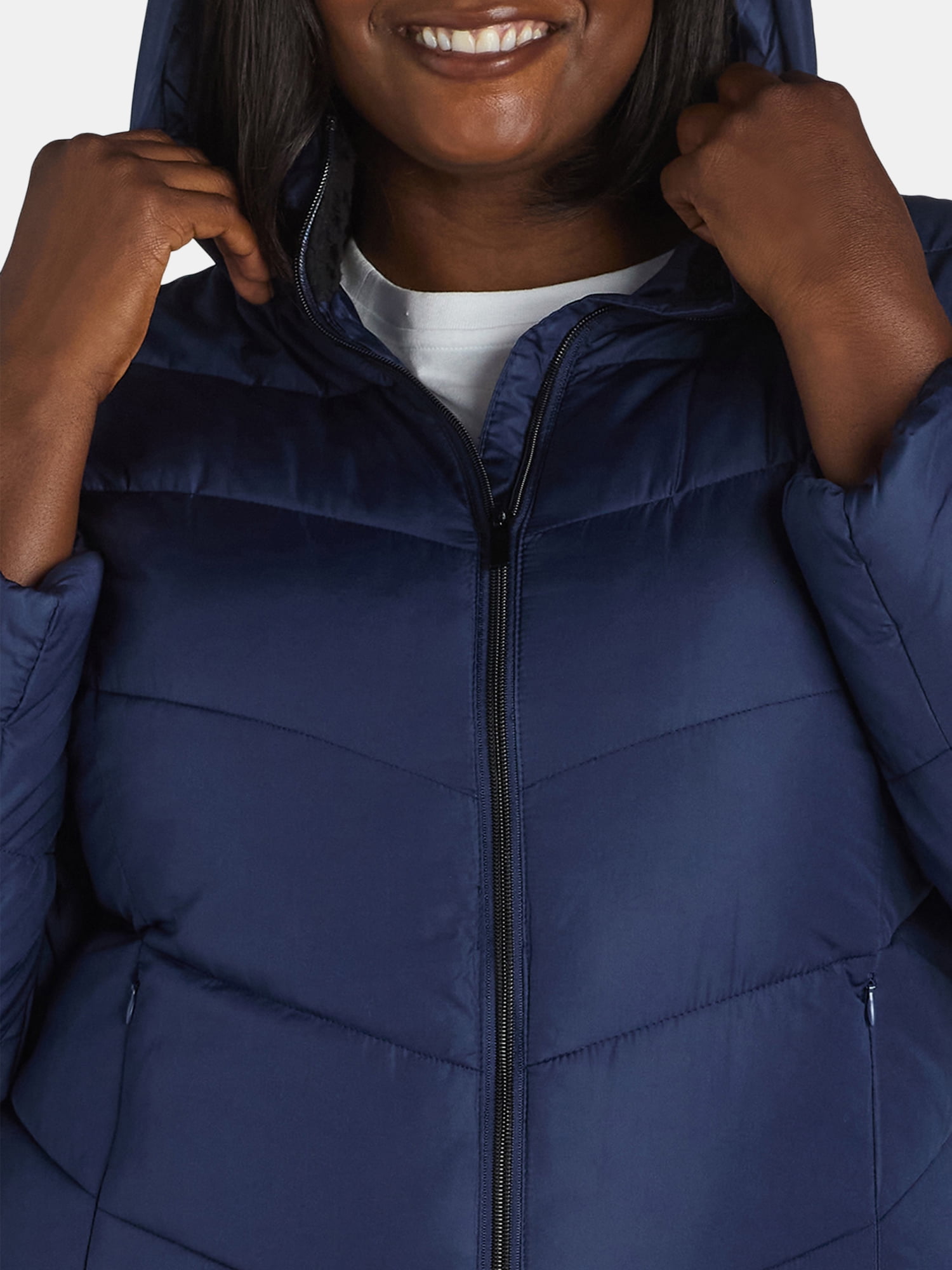 Big Chill Women's and Women's Plus Chevron Quilted Puffer Jacket with Hood, Sizes S-3X