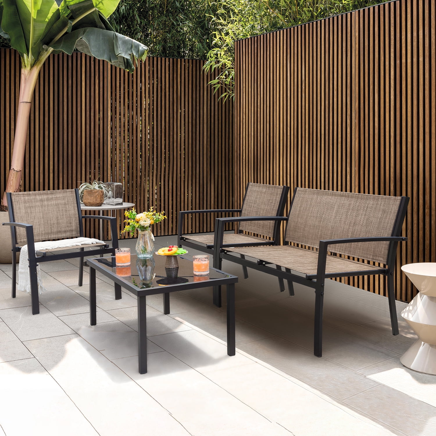 Vineego 4 Pieces Patio Furniture Outdoor furniture Outdoor Patio Furniture Set Textilene Bistro Set Modern Conversation Set Black Bistro Set with Loveseat Tea Table, Beige