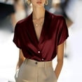 thumbnail image 2 of ZHYou Womens Luxe Satin Blouses Deep V-Neck Short Sleeve Wrinkle-Resistant Suit Shirts,Wine,S, 2 of 9