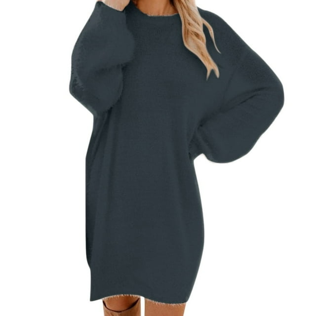 Vestidos de suéter Prolriy para mujer 2024, suéter de invierno de moda para mujer, suéter de punto de cuello alto, cálido, de manga larga, con bolsillo, vestido de suéter para mujer, gris XL