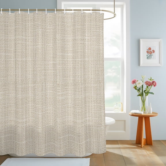 Beige Solid Shower Curtain, Minimalist Cloth Cream Khaki Linen Texture Rustic Waterproof Washable Shower Curtain for Bathroom Bathtub Partition Bath Decoration Set with Hooks 72x72in