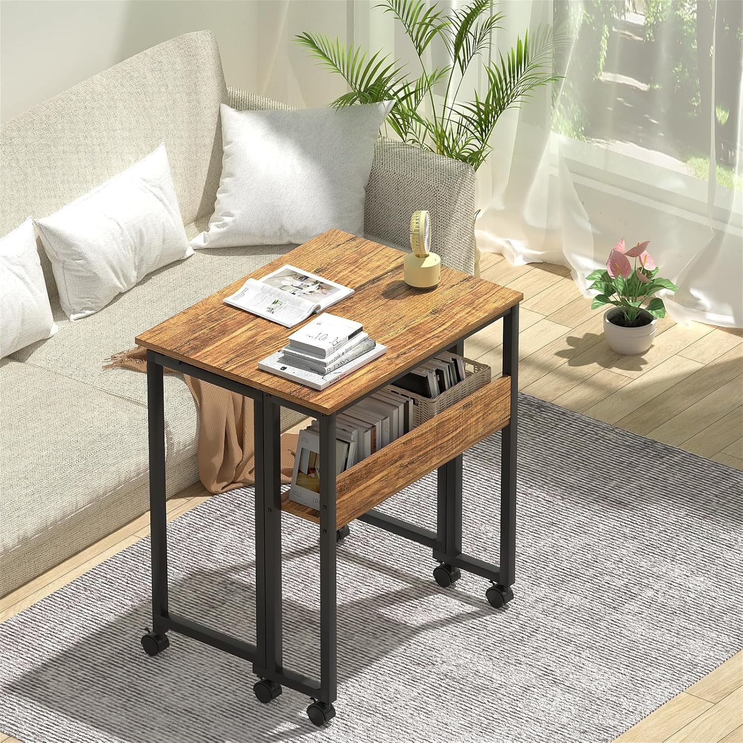 Folding Desk Small Rolling Desk with Storage Shelf, 24.8 inch Foldable Computer Desk with Wheels for Small Space, Easy Assembly,Walnut