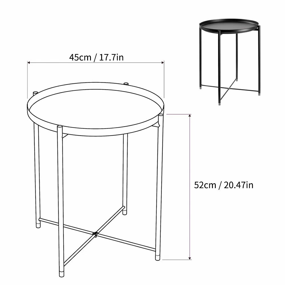 HOMRITAR Side Table Round Metal, Outdoor Side Table Small Sofa End Table Indoor Accent Table Round Metal Coffee Table Waterproof Removable Tray Table for Living Room Bedroom Balcony Office Black - image 3 of 7