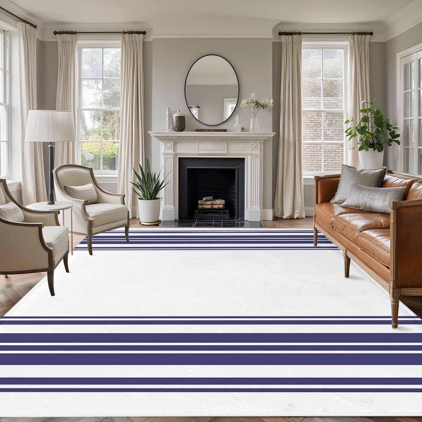 Rectangle Rug 8x10Ft Navy Blue Vertical Stripes Soft Indoor Throw Rugs Carpets for Living Dining Bedroom Kids Room Non-Slip Playroom Crawl Rug Floor Mats Nautical Lines Art