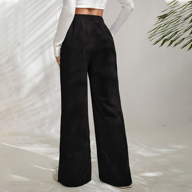 Woman Elastic High Waist Long Pants Split Hem Pure Color