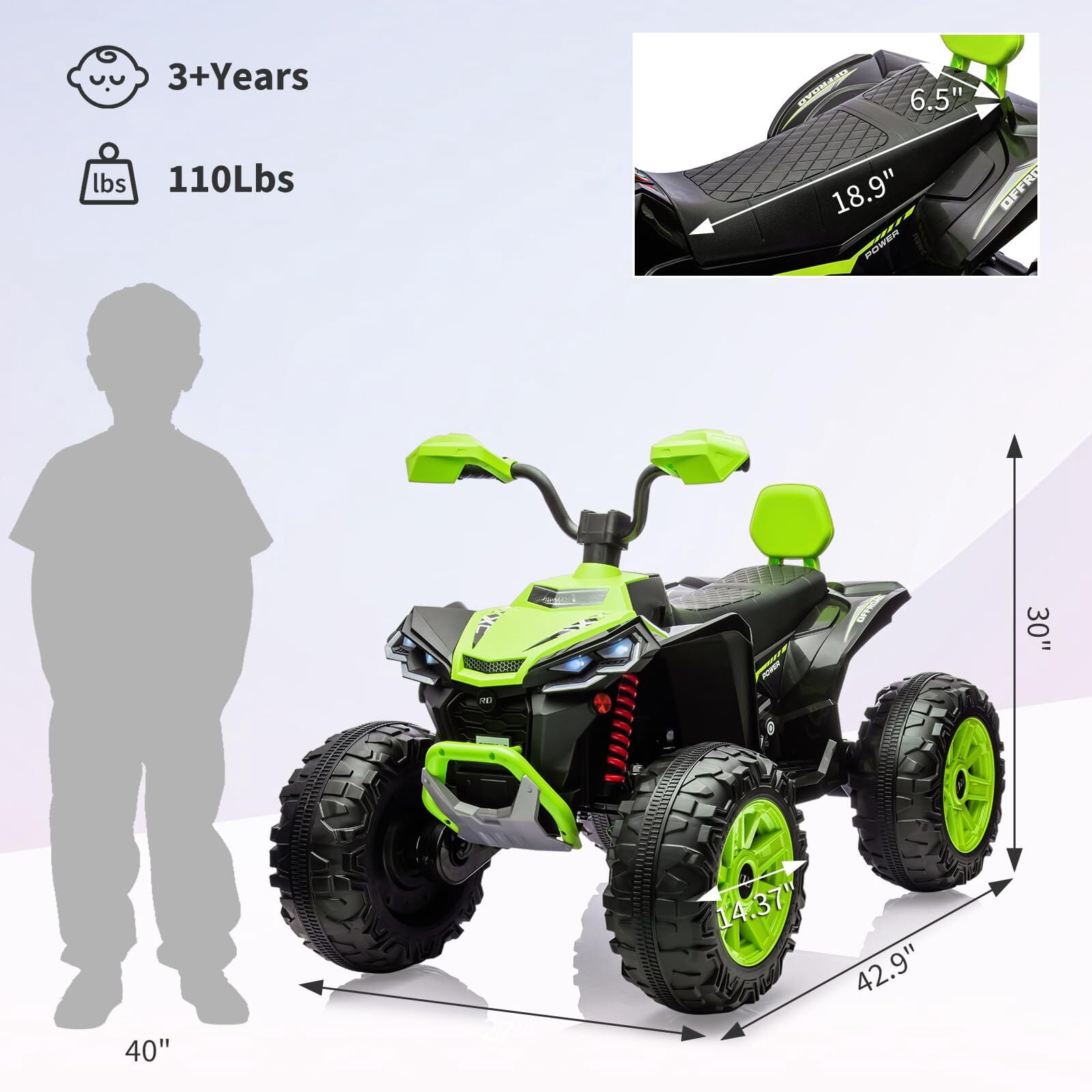 24 Volt Kids ATV Ride-On, Electric Dual 4 Wheeler with 2-Seater, Ride on Toys for Big Kids with Bluetooth, LED Lights, Music, High Low Speed, Green