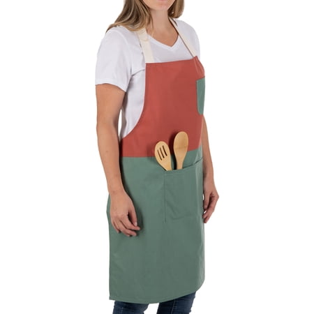 Mainstays Chef Kitchen Apron, 28 x 32 Two Tone Bib Apron with Pockets for Cooking, Baking, Gardening in Red