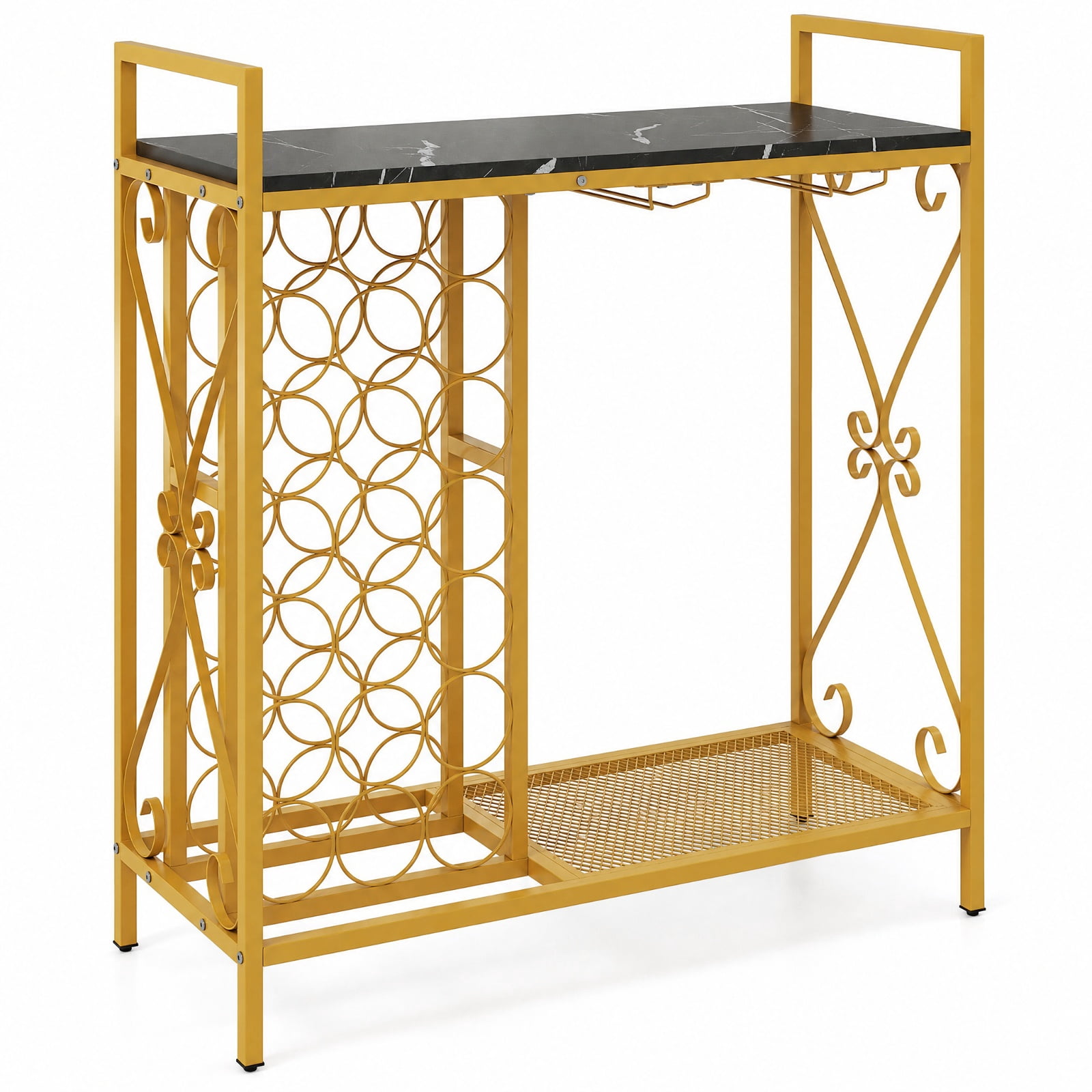 RUIE 21 Bottle Freestanding Wine Rack, Floor Wine Bottle Organizer with Glass Holder, Metal Wood Storage Shelf for Kitchen Dining Room - Black Golden
