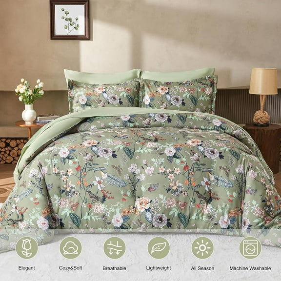 7 Piece Queen Comforter Set, Sage Green Butterfly Floral Comforter Set with Flowers Leaves Pattern, Soft Microfiber Complete Bedding Set for All Season(Sage Green, Queen)