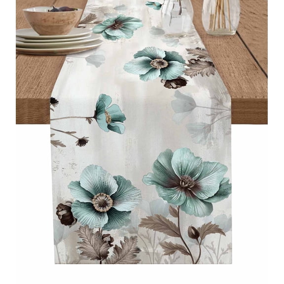 Elegant Floral Table Runner 72 Inches, Retro Country Teal Tulip Flowers Herbs Bed Runner Dresser Scarves Tabletop for Indoor Outdoor Parties/Ceremony/Banquet, 16" x 72"