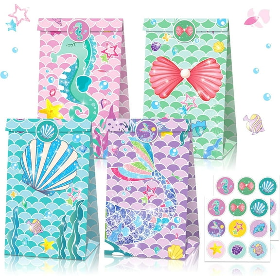 Mermaid Ocean Party Gift Bag 12pcs - Blue, Pink & Purple Gradient Fishtail/Shell Reversible Design Dream Undersea Themed Gift Bag Set