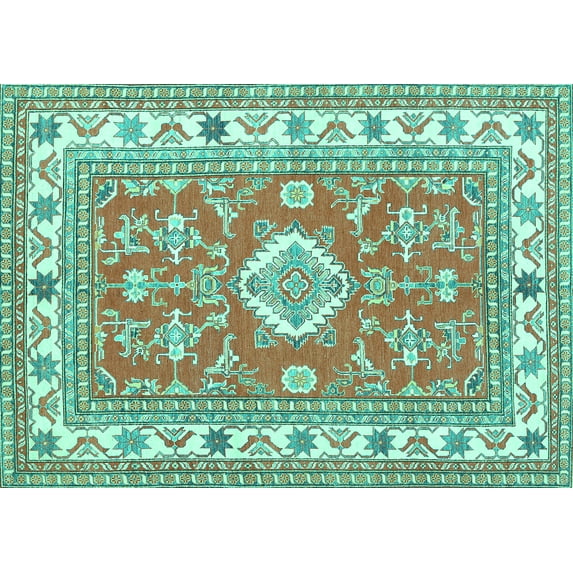 Ahgly Company Machine Washable Indoor Rectangle Geometric Turquoise Blue Traditional Area Rugs, 7' x 10'