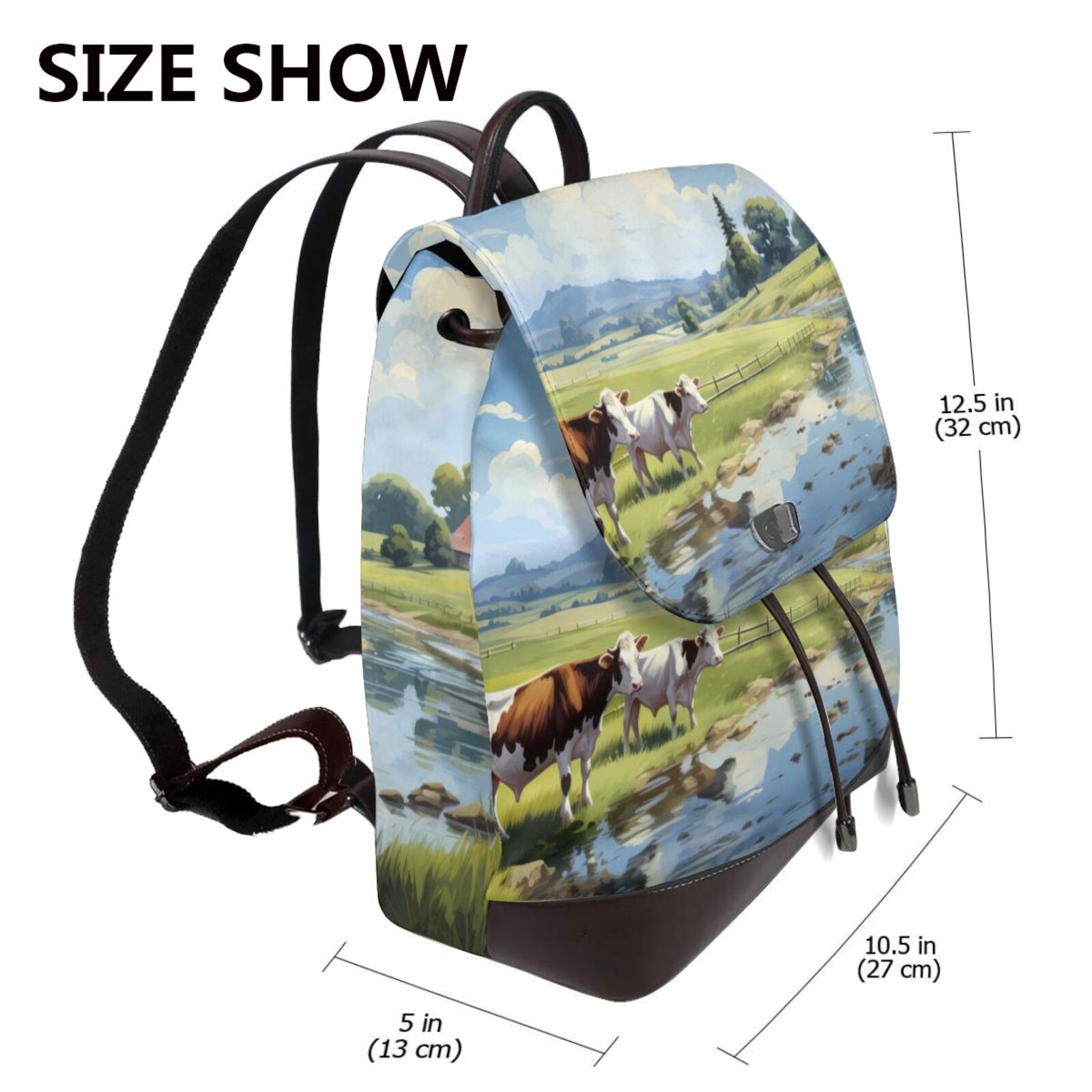 Xecao Pasture Cow Print Large Backpack Soft Leather for Women Travel with Compartment, Adjustable Convertible Strap