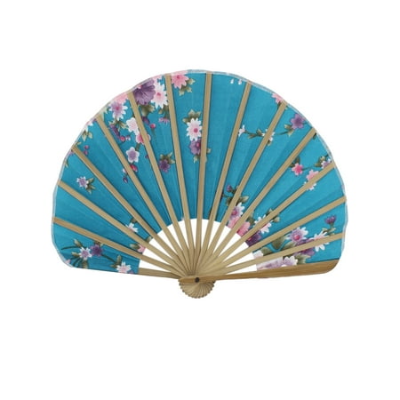 Party Decor Bamboo Frame Fabric Blooming Flower Printed Folding Hand Fan Teal