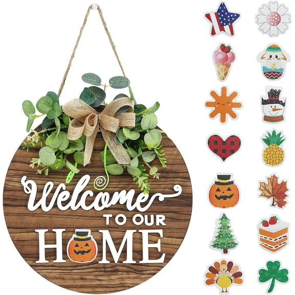 Interchangeable Seasonal Welcome Sign Front Door Decoration, Rustic Round Wood Wreaths Wall Hanging Outdoor, Farmhouse, Porch, for Spring Summer Fall All Seasons Holiday Halloween Christmas