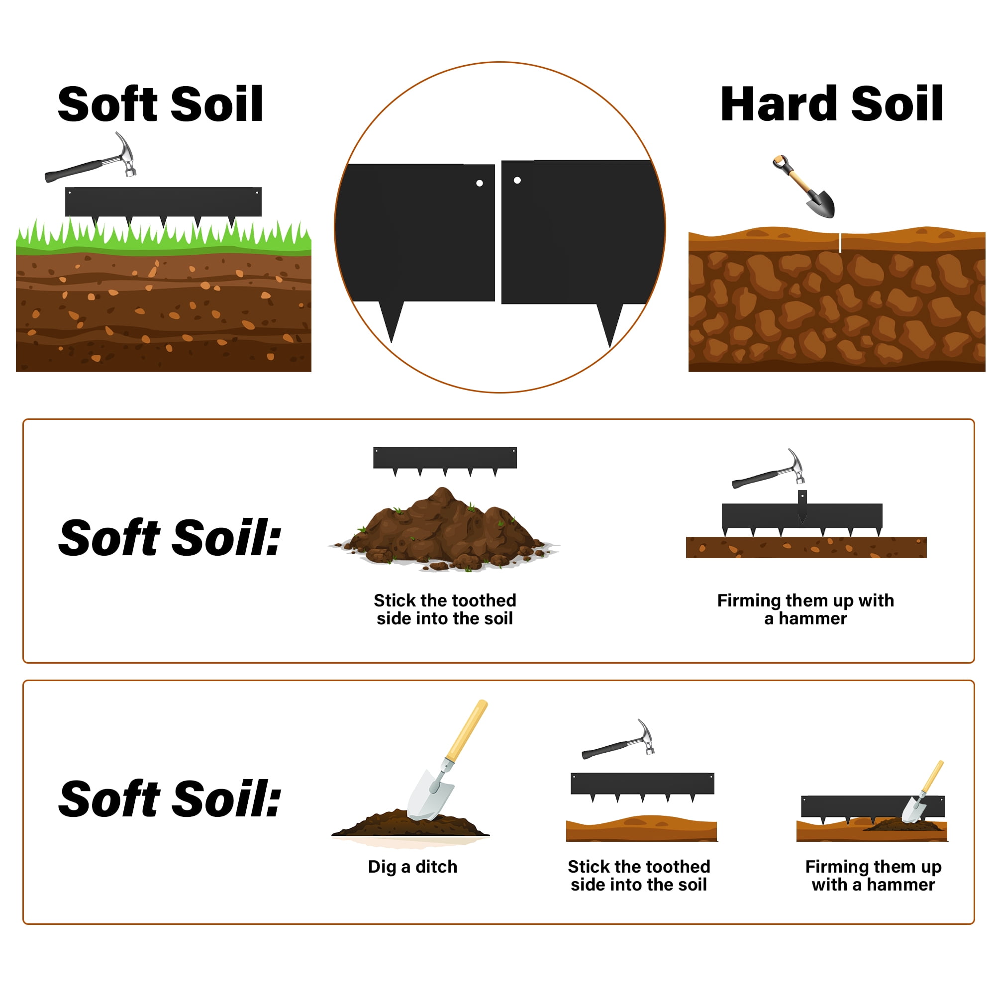 8" Black Metal Landscape Edging Corten Steel for Flower Bed Landscaping Garden Border Strips for Lawn Grass DIY Decorative Pathway Yard Plant Outdoor Landscape Divider Edge Stakes Hammer-in 6PCS