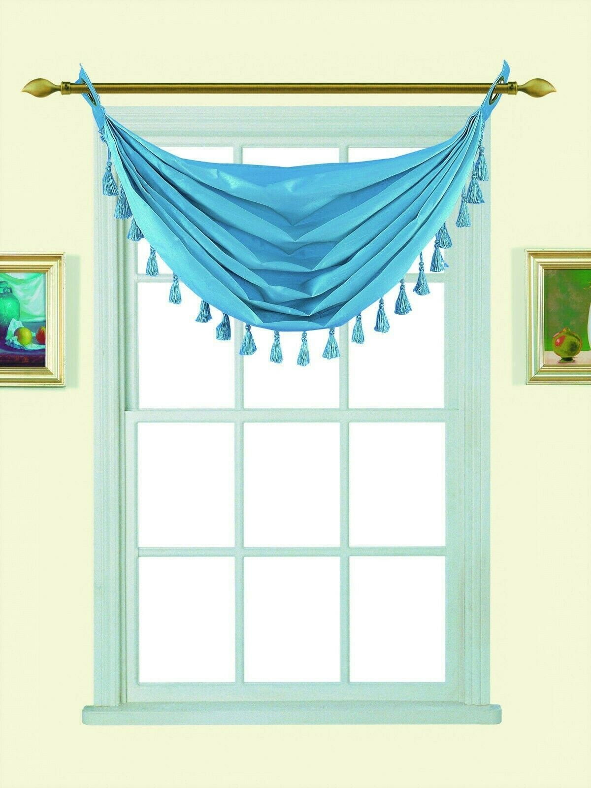 TURQUOISE ELEGANCE FASHION M12 VALANCE WATERFALL FAUX SILK WITH TASSELS GROMMETS SEMI SHEER
