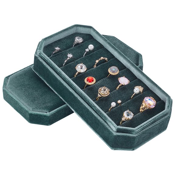 Velvet Ring Organizer Display Tray Green Earring Holder Case 7 Slots Velvet Rectangle Jewelry Ring Box Ring Display Holder with Detachable Lid for Wedding Birthday 8.26"x4"x2" DIY