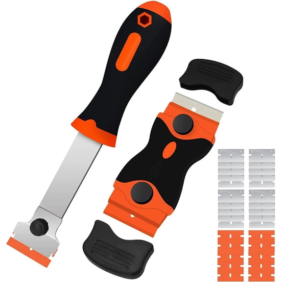 Razor Blade Scraper, 2 PCS Razor Scraper Tool for Removing Label, Registration Sticker, Tint, Grease from Windshield, Appliance, Glass (Extra 20 Metal and 10 Plastic Blades)