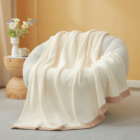 Snuggle Sac Fuzzy Reversible Microfiber Throw Blanket,Ultra Soft Knit Throw,Ivory,50*60"