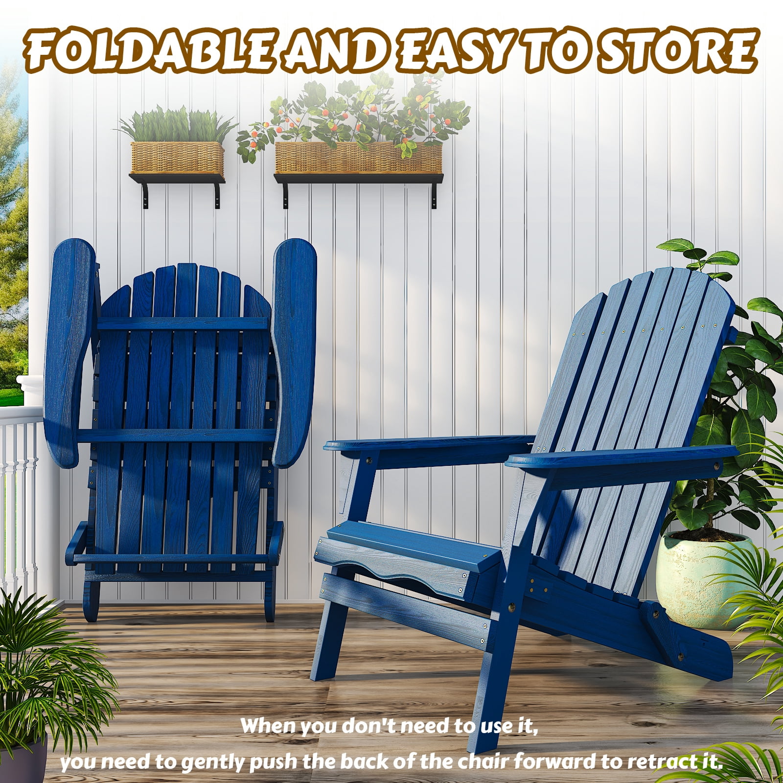 Ktaxon 1 Pack Patio Wood Adirondack Chair, Garden Chaise Chair Outdoor Folding Chair, Wooden Chair for Patio, Garden, Navy Blue