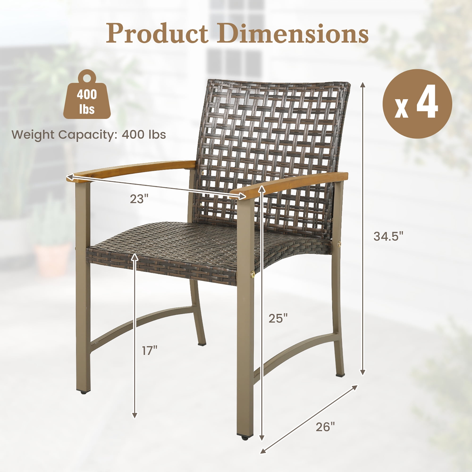 Gymax Outdoor Rattan Chair Set of 4 Patio PE Wicker Dining Chairs w/ Acacia Wood Armrests Balcony Poolside