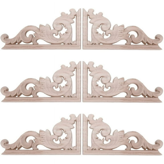6Pcs Left Right(Each 3Pcs) Vintage Wooden Carved Corner Onlay Furniture Wall Decor Unpainted Frame Applique,6x (left and right each 3) Flower piece,Wood colour