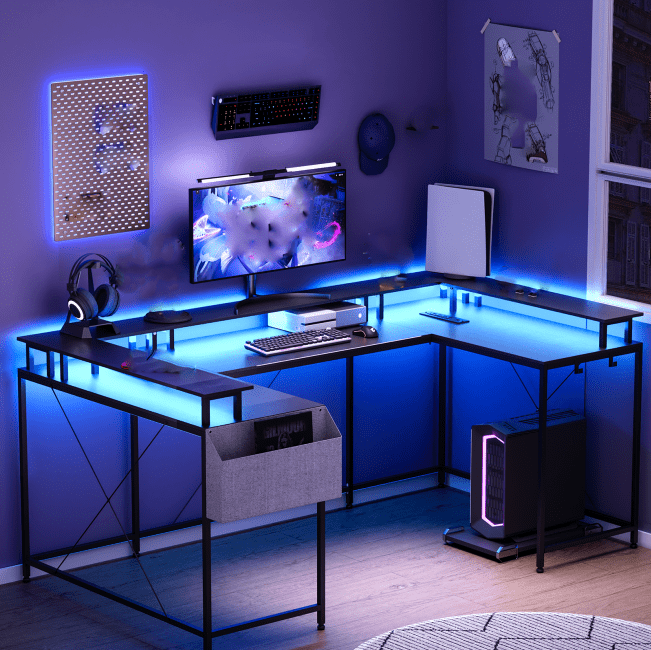 Huisuilinss U Shaped Desk Large Corner Office Desk With Monitor Stands PC Gaming Desk With Power Outlet & LED Lights Reversible L Shaped Computer Desk For Home Office
