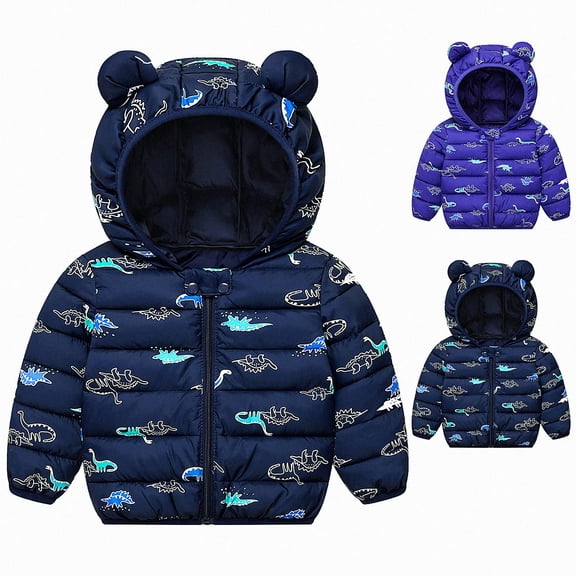 DJDLJWCJ Unisex Baby Toddler Hooded Puffer Coat with Bear Ear Kids Winter Thick Warm Printed Jacket, Infant Boys Girls Zip Up Outerwear Navy Size 12M