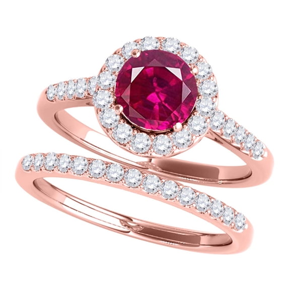 Aonejewelry 1.40 Ct. Halo Ruby and Diamond Bridal Set In 14k Rose Gold