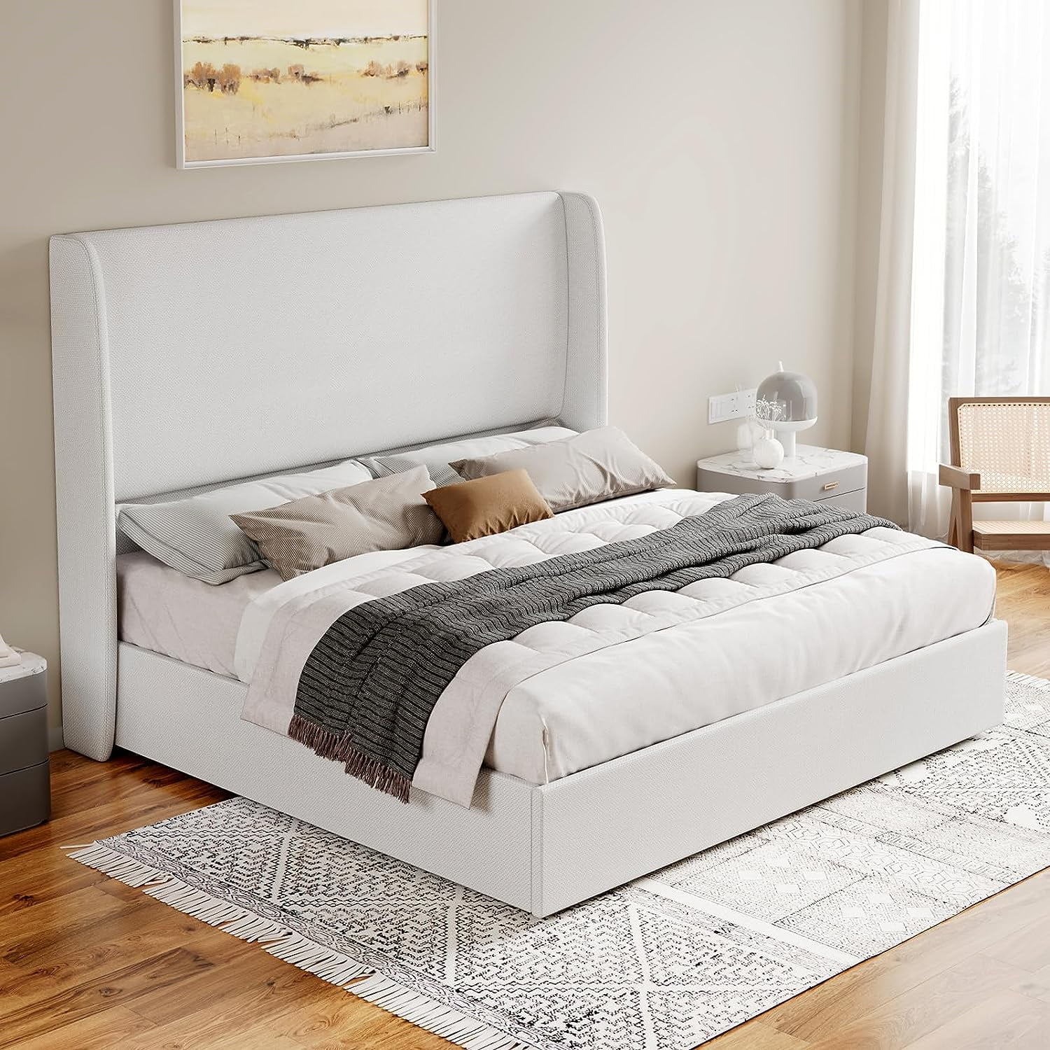 Merluxy King Bed Frame with Lift-Up Storage, Linen Upholstered Platform, Wingback Headboard, No Box Spring Needed, White