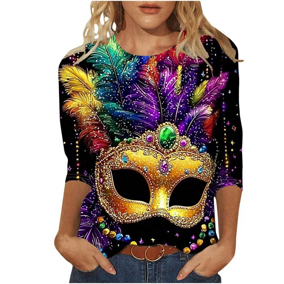 Mardi Gras Outfit for Women,Womens Tops Summer Womens T Shirts Fitted Blouses for Women Womens 3/4 Sleeve Shirts for Summer