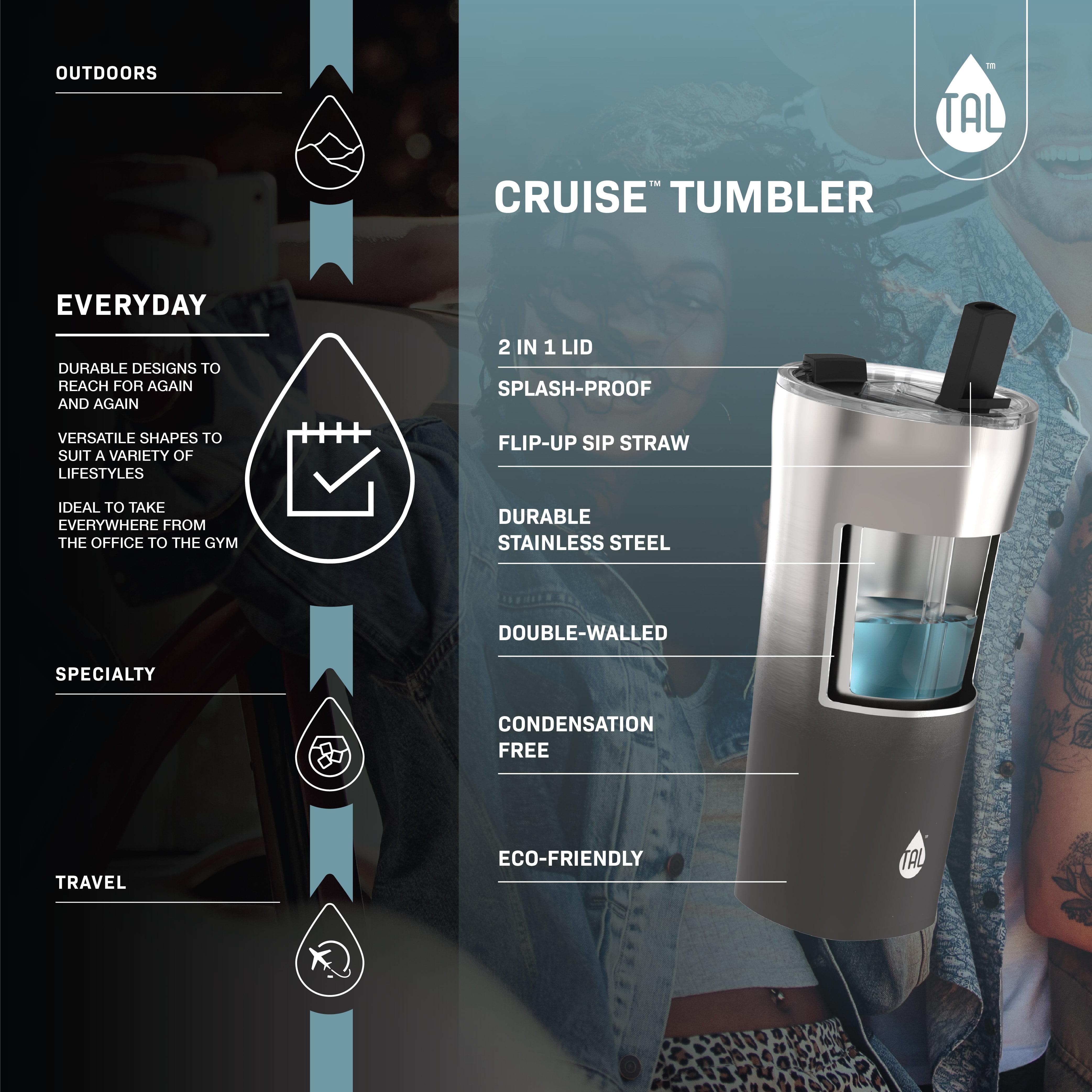 TAL Stainless Steel Tumbler 25 oz, Black Ombre