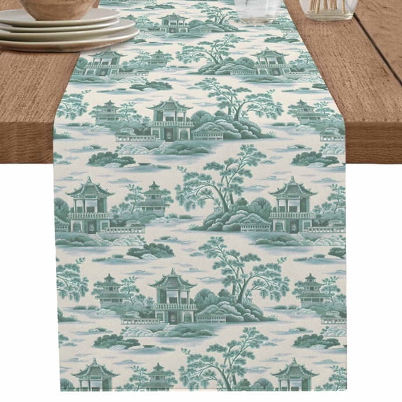 nqOlkjepod Teal Garden Table Runner 70 Inches Long Farmhouse Dress Scarves, Modern Art Building Trees Rock Landscape Dining Tablerunner for Coffee Table/Kitchen Island/Party Décor, 13" x 70"