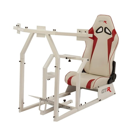 Triple Monitor System GTR Racing Simulator GTAF-WHT-S105LWHTRD - GTA-F Model (White) Triple or Single Monitor Stand with White/Red Adjustable Leatherette Seat, Racing Simulator Cockpit gaming chair Single Monitor Stand ()
