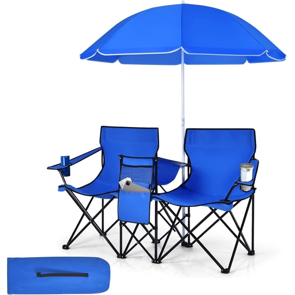 TerraOutfit Double Camping Chairs w/Adjustable Umbrella & Carrying Bag