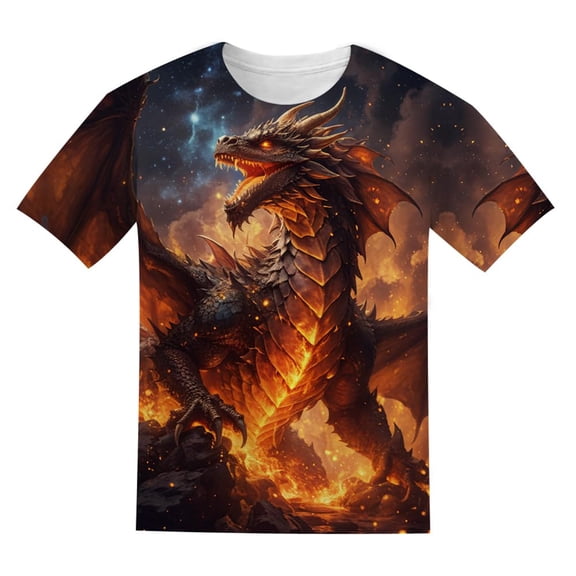 Kiijoy Boys Dragon Print Short Sleeve T-Shirt Casual Crew Neck Graphic T Shirt, Sizes 2-13