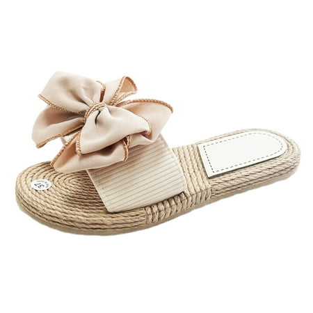 OJSFQUFP Sandals Womens Ladies Shoes Fashion Flat Linen Sole Bow Slippers Outdoor Beach Bohemian Slippers Comfy House Slippers for Women Khaki 39