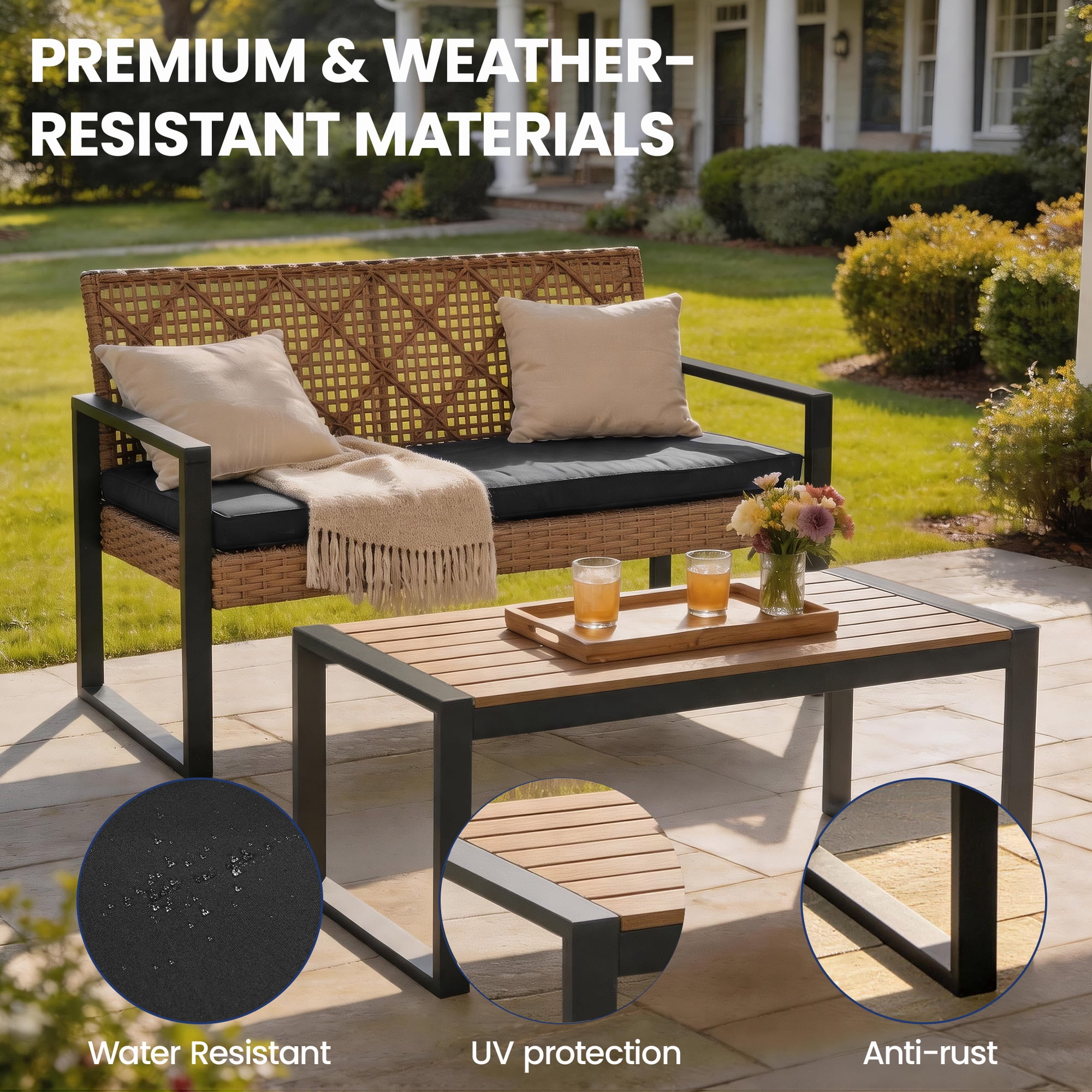 Segmart Patio Conversation Set for Outdoor,Upgrade 4-Piece Conversation Furniture Set w/Loveseat Sofa, 2 Single Sofas, Coffee Dining Table and Padded Cushions, Max Weight 705 lbs, Brown