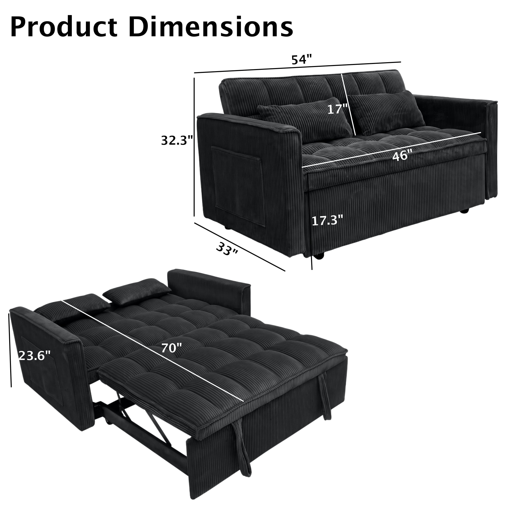 Wakefit 54" 3 in 1 Convertible Sleeper Sofa Bed, Corduroy Loveseat Couch Bed Sofa Pull Out with 5-Position Adjustable Backrest, Storage Pockets, Lumbar Pillows for Living Room, Black