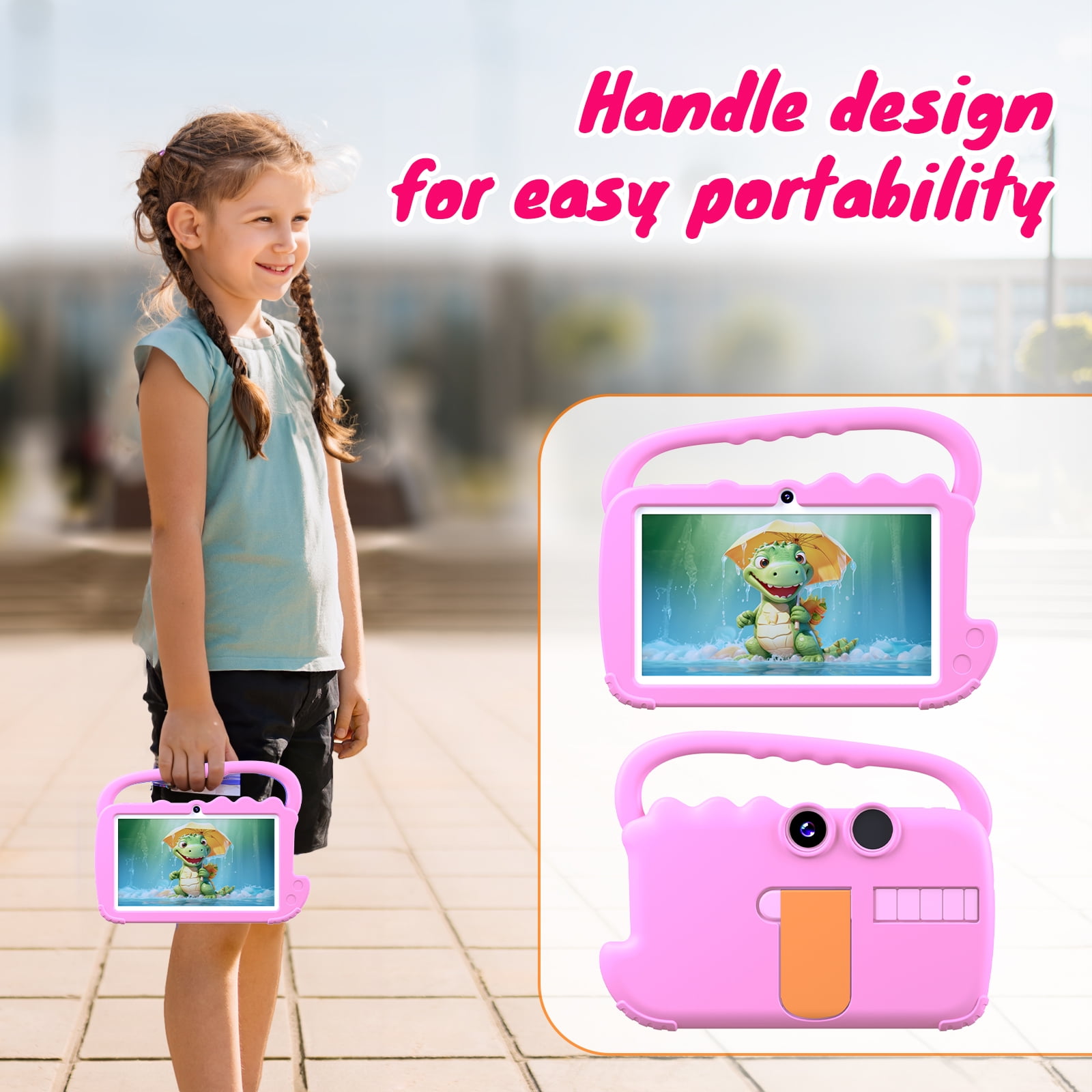 Kids Tablet 7 inch Android 12 Tablet for Kids, 4GB RAM 32GB ROM Quad Core Toddler Tablet with Shockproof Case, Parental Control, WiFi, BT, 3000mAh Battery, Dual Camera, Educational, Games, Pink