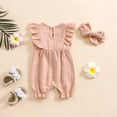 thumbnail image 3 of Beilxfa Baby Girl Clothes Outfits Infant Summer Bowknot Ruffle Sleeveless Jumpsuit Cotton Linen Newborn One-Piece Rompers with Headband, 3 of 8