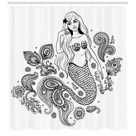 Mermaid Shower Curtain, Embellished Mermaid Figure with Ornate Paisley Leaf Folkloric Human Fish Design, Fabric Bathroom Set with Hooks, 69W X 75L Inches Long, Black Grey, by Ambesonne