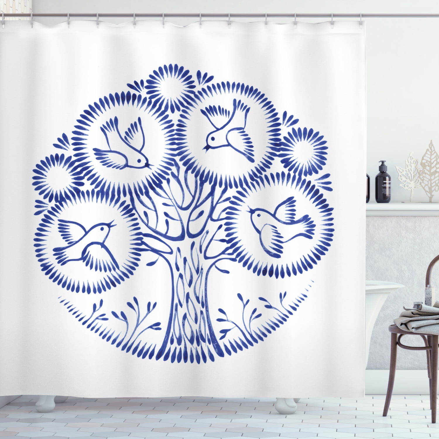 Folk Art Shower Curtain, Abstract Monochrome Composition with Sweet