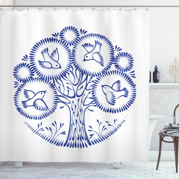 Folk Art Shower Curtain, Abstract Monochrome Composition with Sweet Birds in Tree Floral Circles, Fabric Bathroom Set with Hooks, 69W X 70L Inches, Royal Blue and White, by Ambesonne