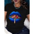 thumbnail image 1 of Women'S Floral Lip Print T-Shirt, Casual Crew Neck, 100% Cotton Knit Fabric, Regular Length, All Seasons, 220gsm - Spring/Summer Fashion Top, 1 of 6