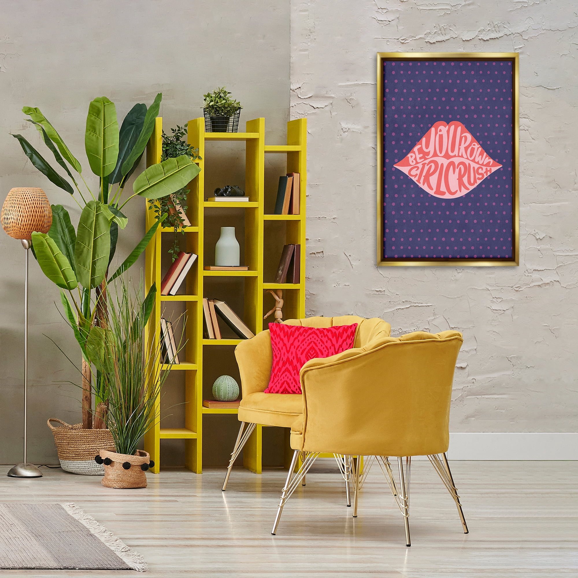 Stupell Industries Confident Girl Crush Lips Text & Numbers Painting Gold Floater Framed Canvas Art Print Wall Art, 21 x 31