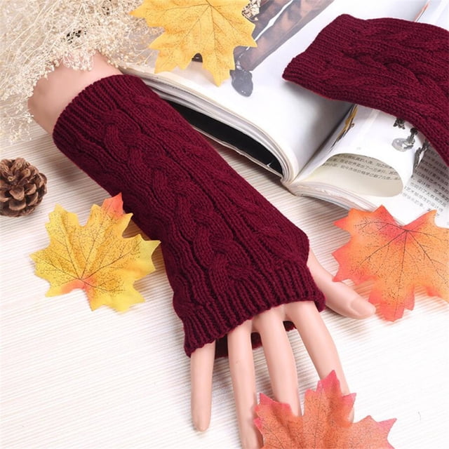 Gants Mitaines Rouges pour Femmes à Moins de 5 $ Gants d'Hiver Chauds Sans Doigts Crochet Trou pour le Pouce Tricot Chauffe-Poignets Mitaines