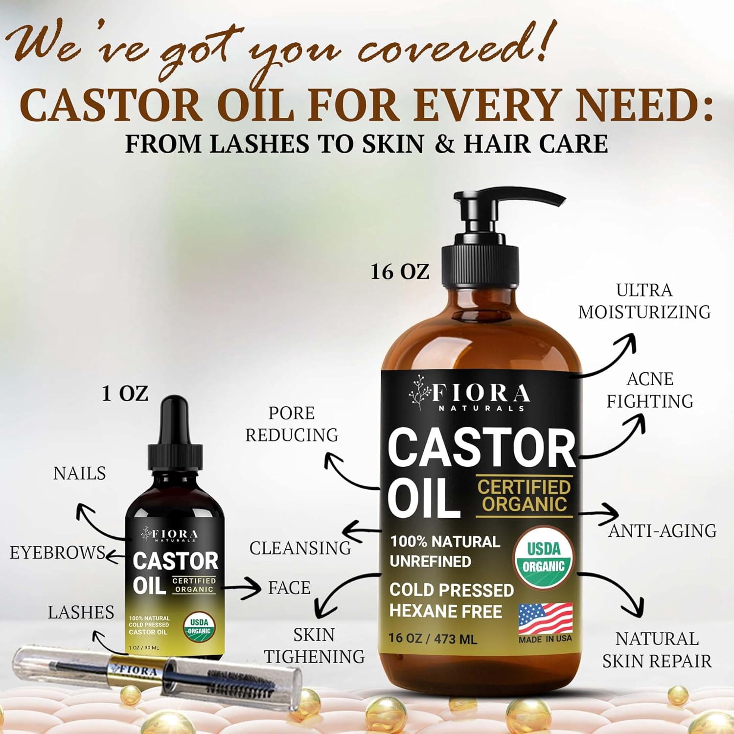 Castor Oil Organic Cold Pressed Unrefined Glass Bottle - 16 oz